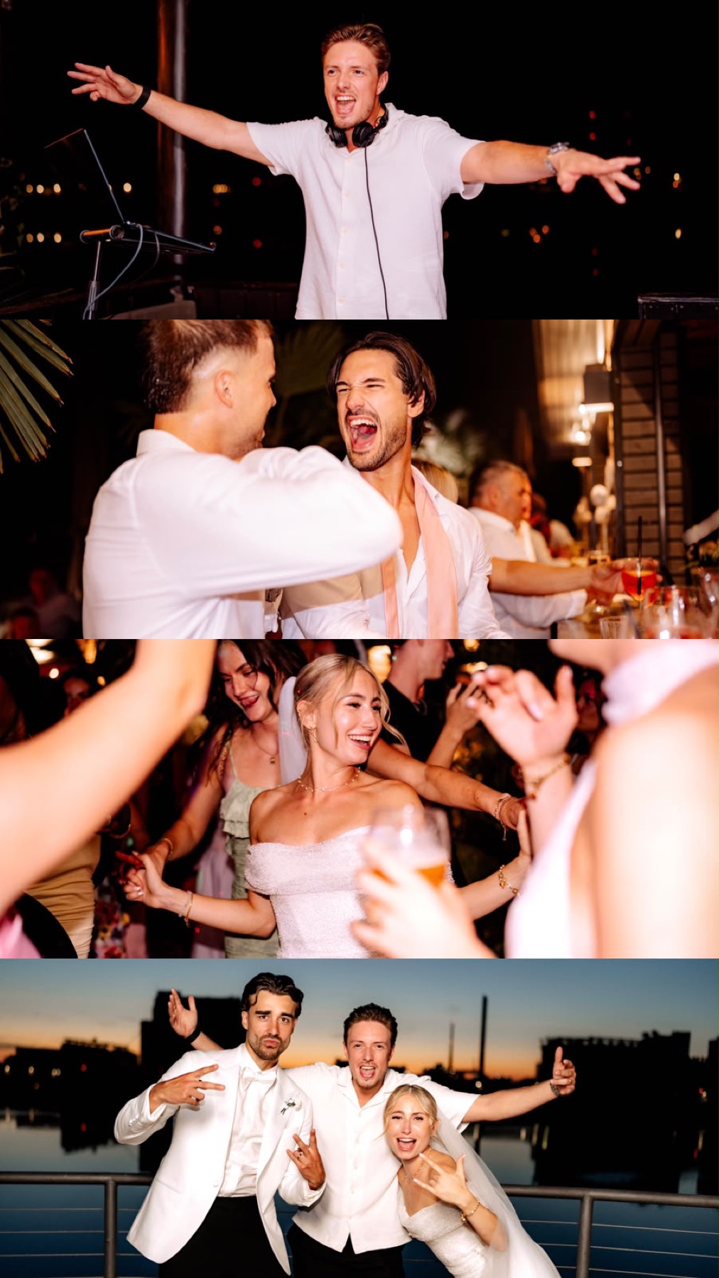 Vier Aufnahmen untereinander – der DJ mit ausgebreiteten Armen, zwei lachende Gäste, die Braut tanzend zwischen den Gästen, das Paar mit dem DJ vor dem Abendhimmel